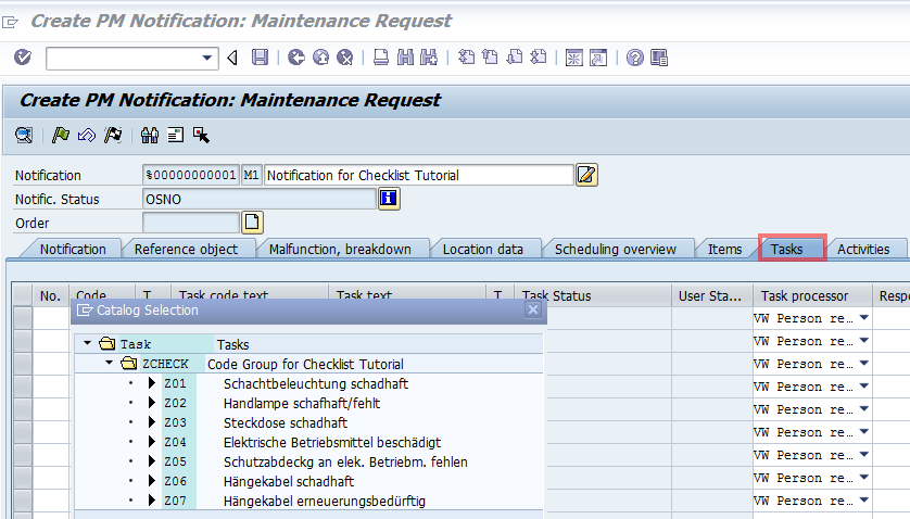 SAP Notifications - Tasks